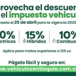 Antioquia ofrece descuentos en impuesto vehicular 2025 para pagos hasta el 25 de abril